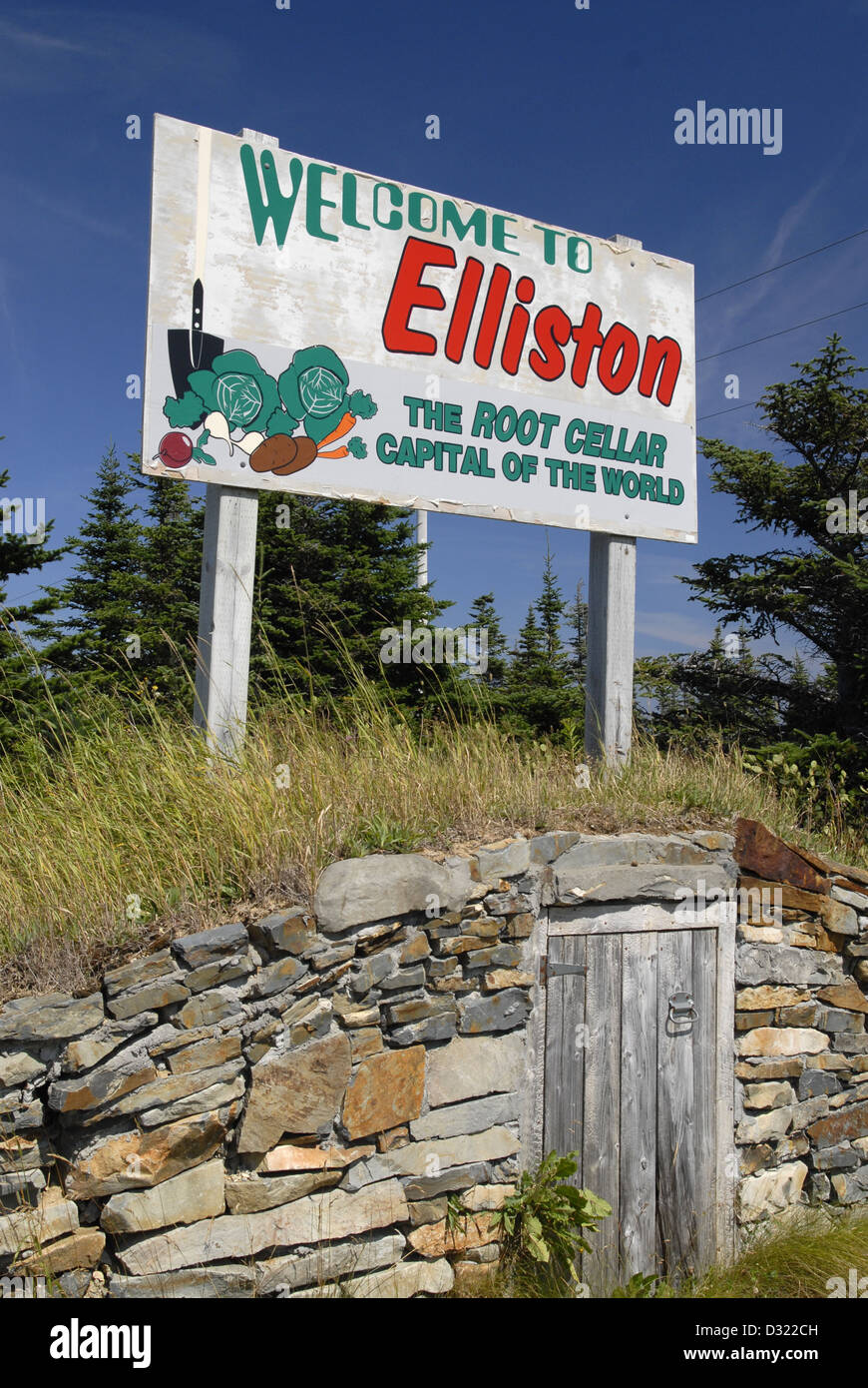 Root cellar and sign, Elliston, Newfoundland Stock Photo Alamy