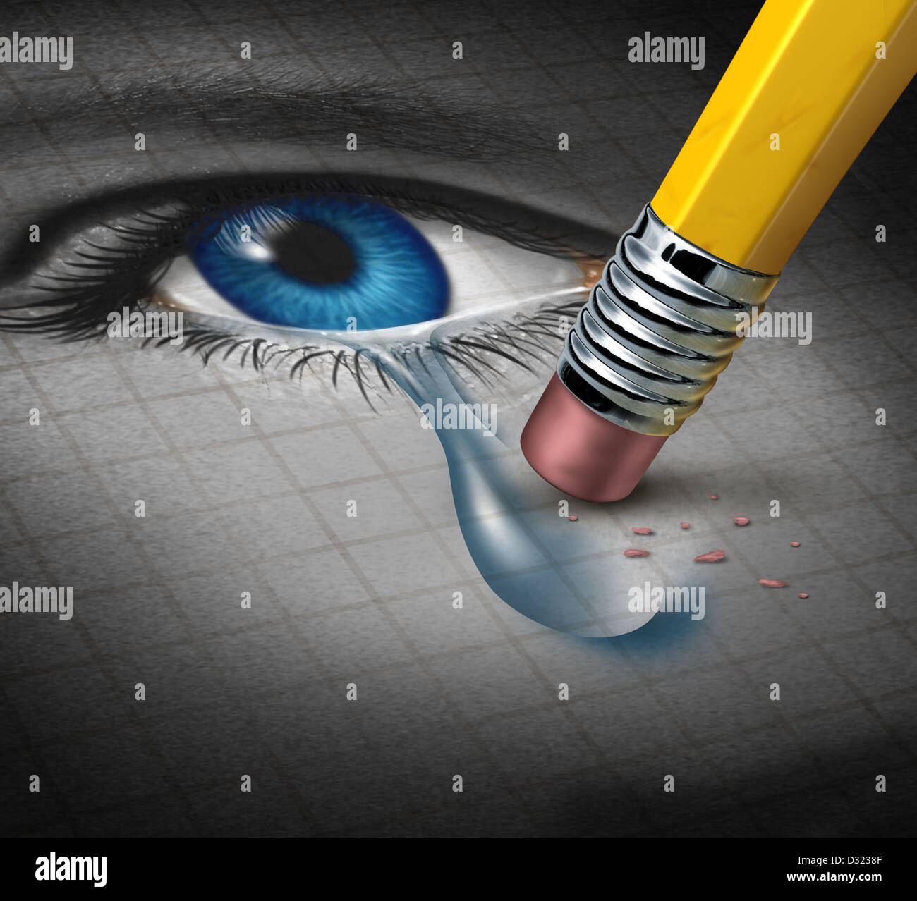 Depression Relief and conquering mental adversity with a pencil eraser removing a tear drop from a close up of a human face and Stock Photo