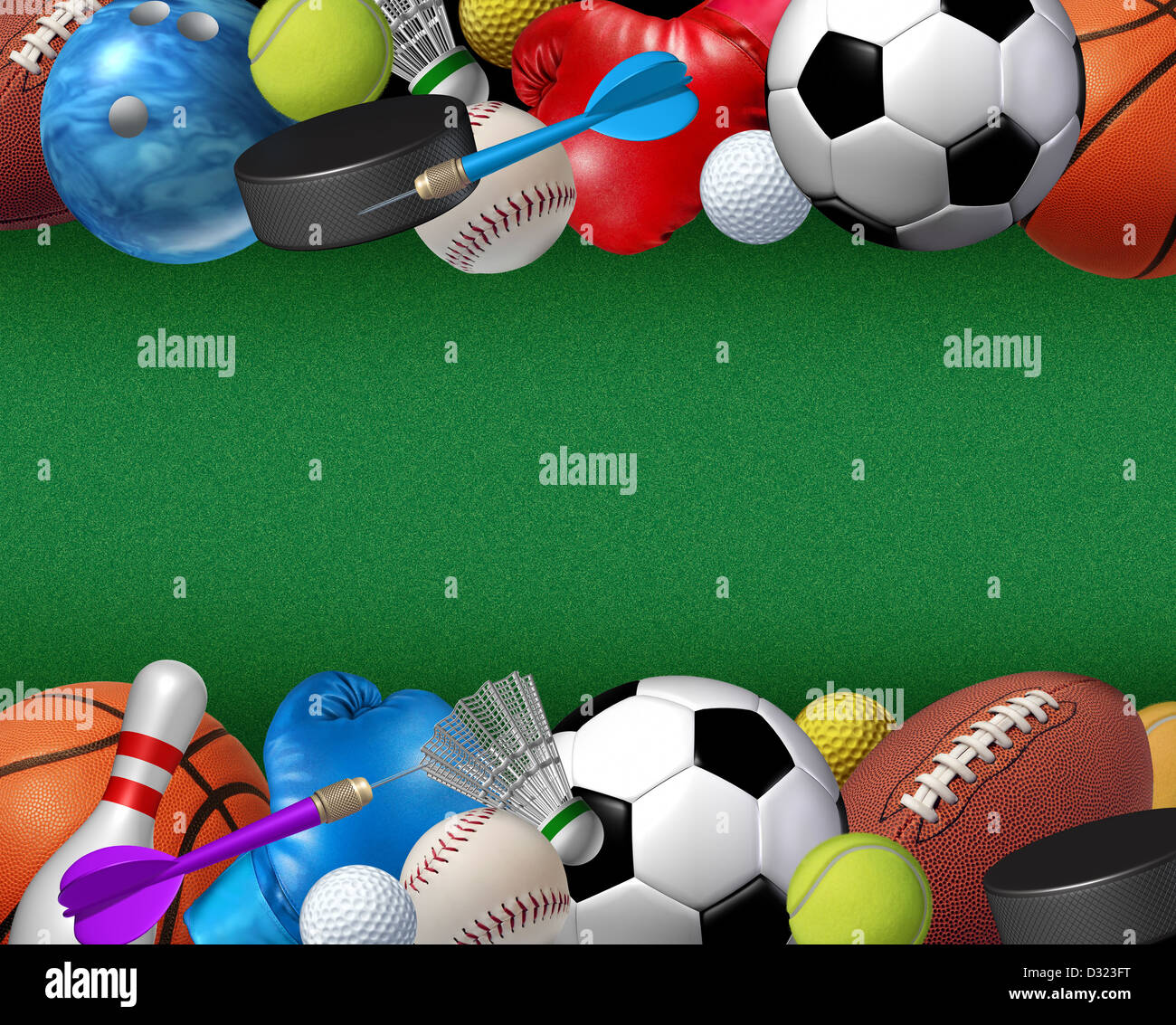 Sports and activities border with equipment from basketball boxing golf  bowling tennis badminton football soccer darts ice hockey and baseball as a  fitness and health design element on a green textured background