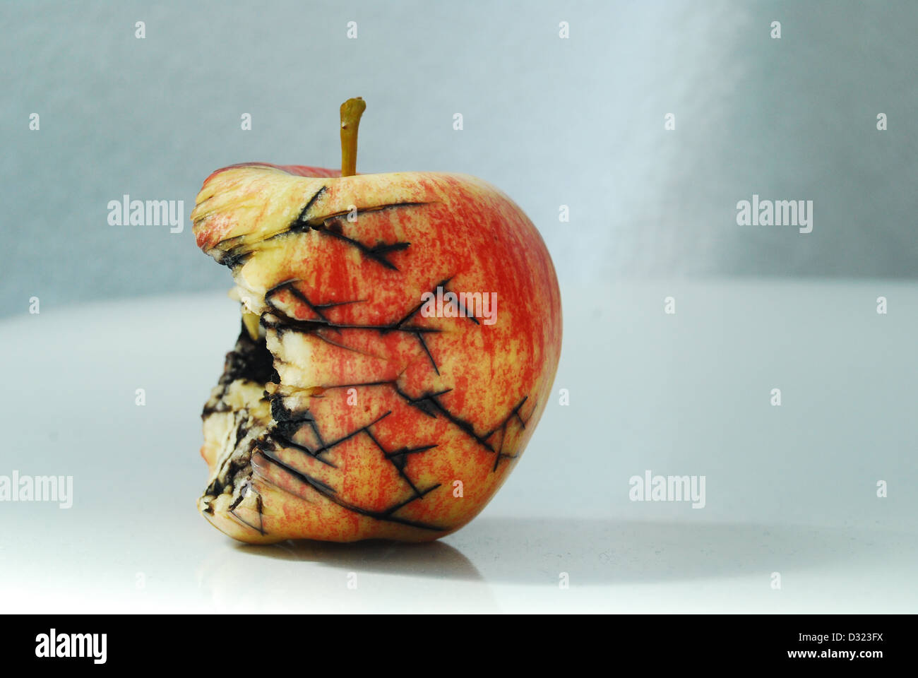 A red and yellow apple on a white background, bitten into with black cracks and mold showing decay and rotting fruit Stock Photo