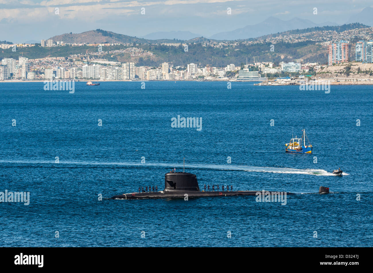 Submarine arriving at port (Valparaiso, Chile) Stock Photo