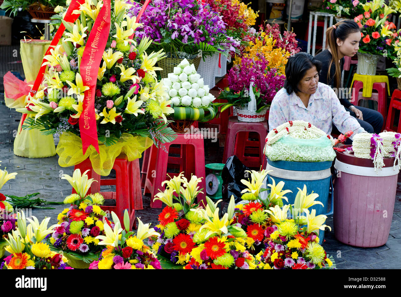 Women selling flowers,Central ,Market, Phnom Penh Stock Photo