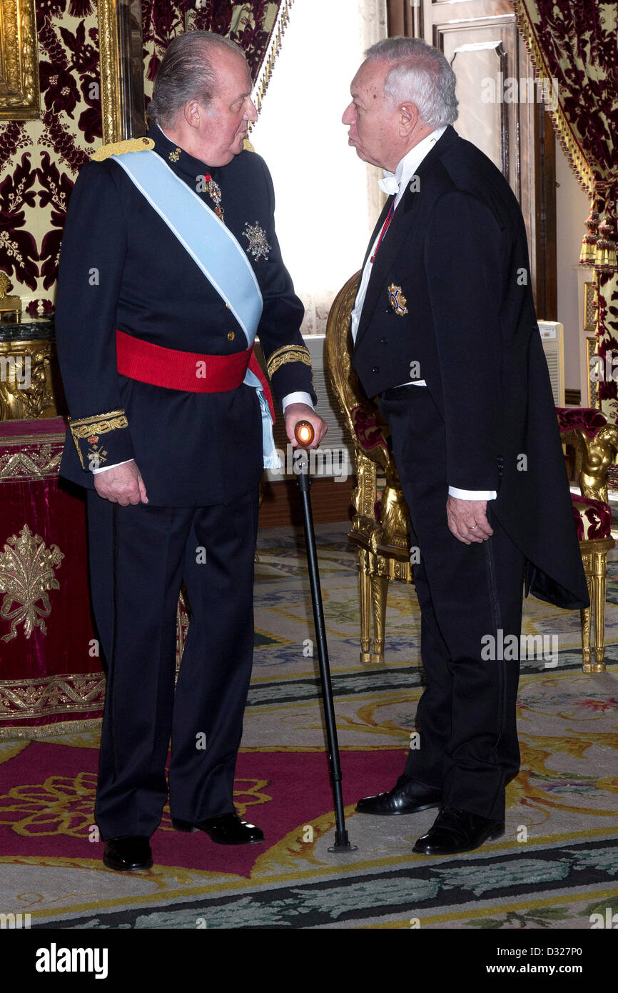 06.02.2013. Royal Palace. Madrid. Spain. King Juan Carlos of Spain receives the credentials of Mr. Jerome Bonnafont, Ambassador of the French Republic. In the Image; King Juan Carlos and Minister of Foreign Affairs Jose Manuel Garcia-Margallo. Stock Photo