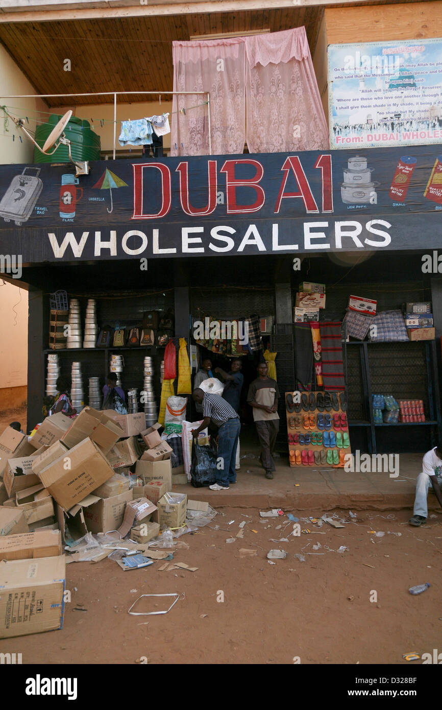 Dubai Wholesalers shop front door with boxes lying in the road Stock