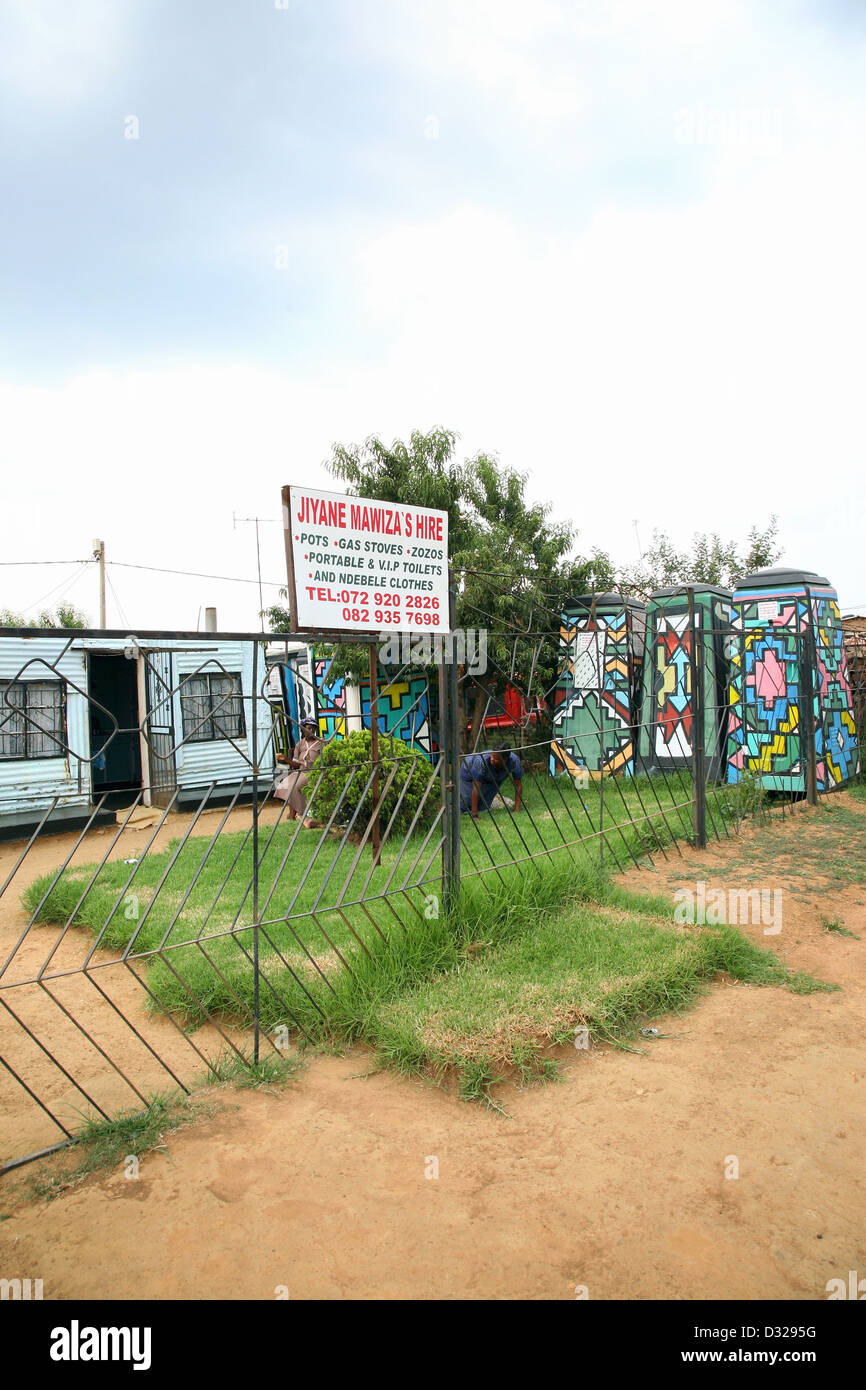 Portable toilet art inspired by African design in Botleng, South Africa Stock Photo