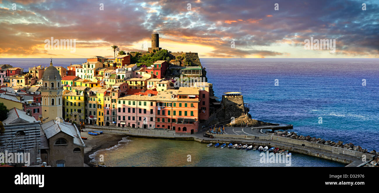 Photo of colorful fishing houses the fishing port of Vernazza at sunrise, Cinque Terre National Park, Ligurian Riviera, Italy. Stock Photo