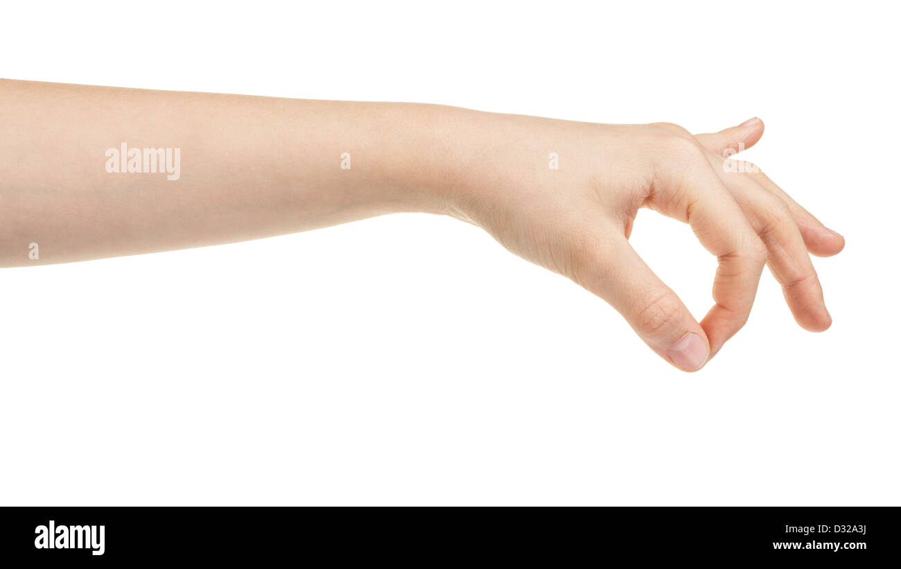 female teen hand holding something, isolated on white Stock Photo - Alamy