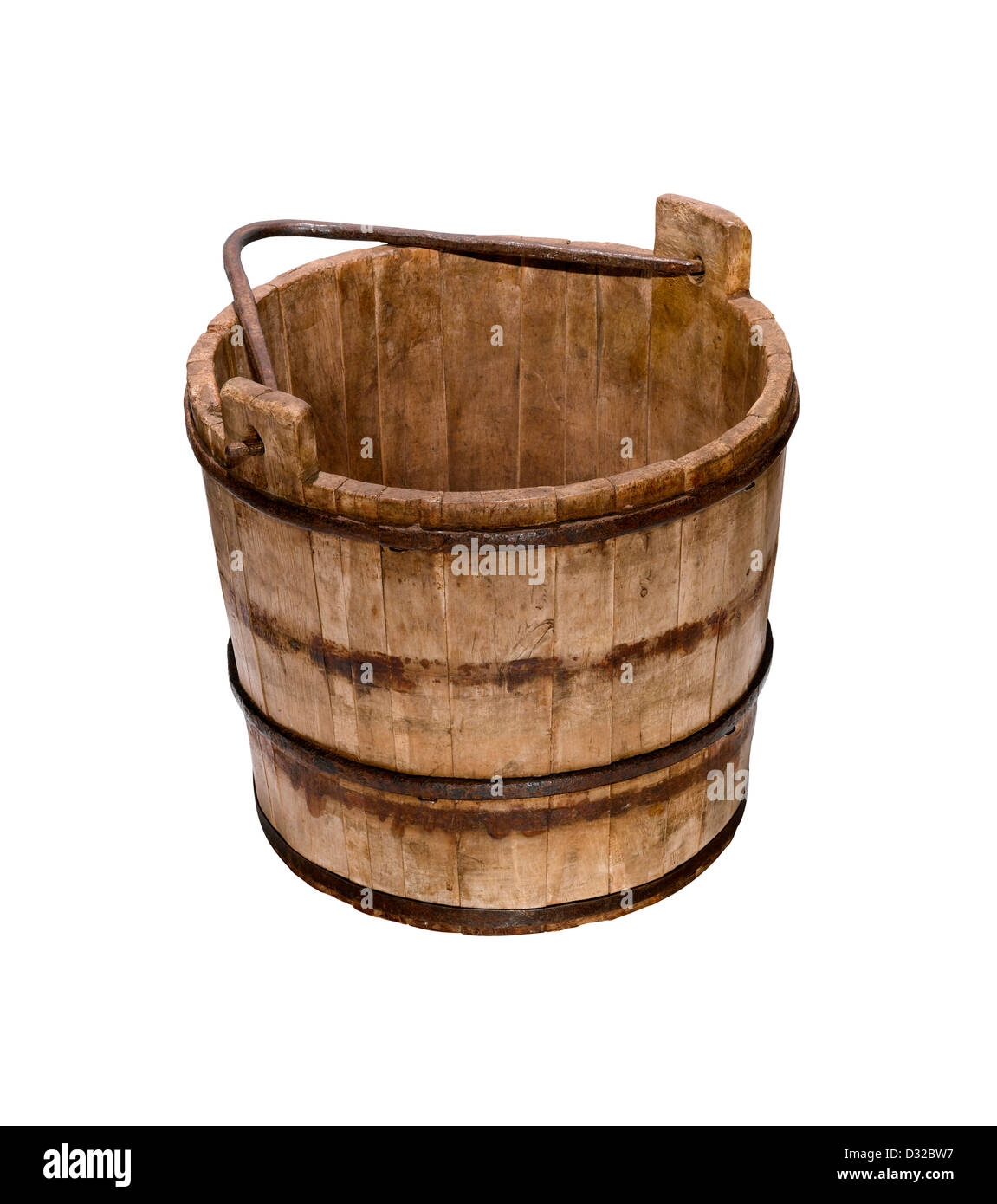 An old fashioned wooden bucket or pail with its handle down Stock Photo