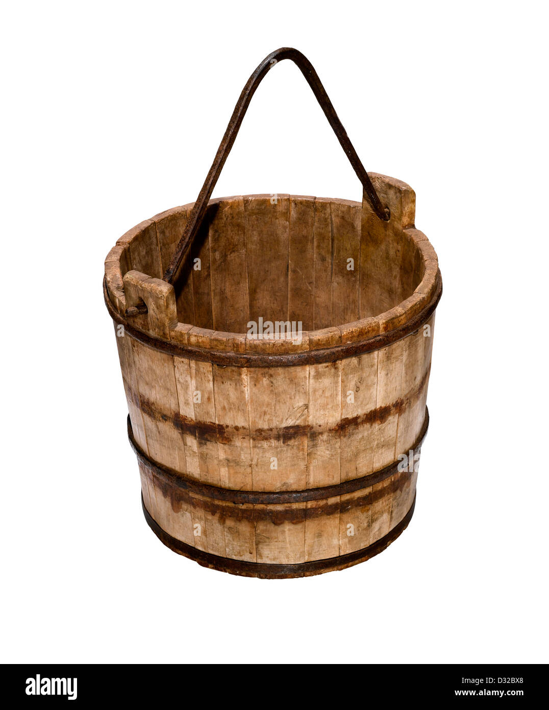 An old fashioned wooden bucket or pail with its handle up Stock Photo