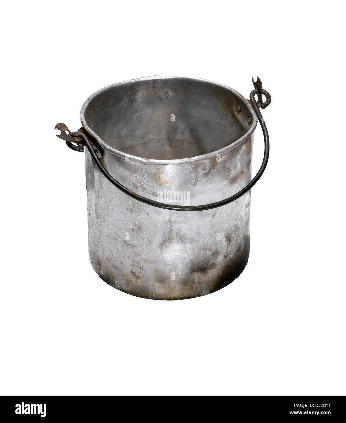 An old battered silver bucket with the handle down Stock Photo