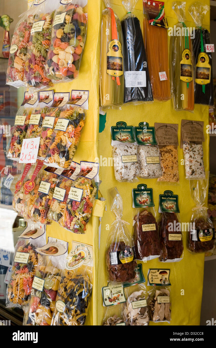 A variety of dries pasta displayed in Ruga Vecia San Giovanni, San Polo, Venice, Italy. Stock Photo