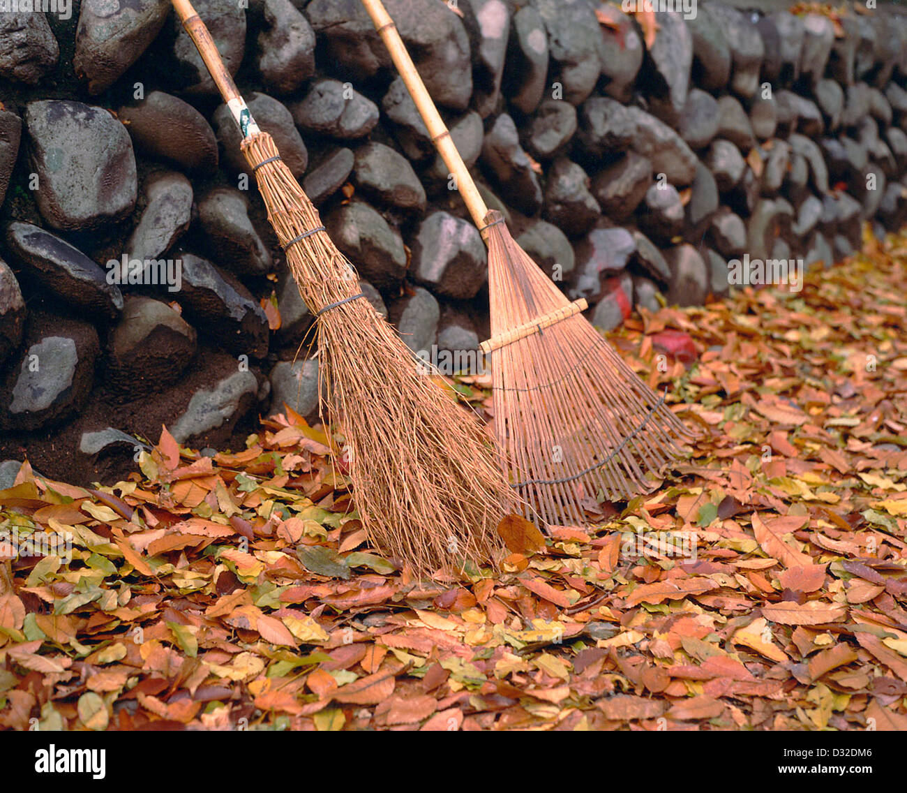 A besom broom and a leaf rake, commonly used in Japan for outdoor ...