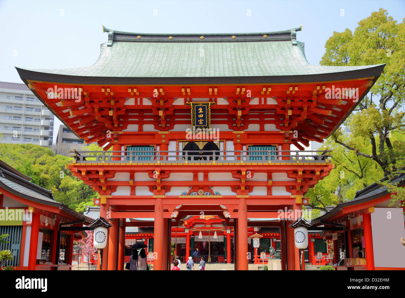 Kobe, Japan - city in the region of Kansai in Hyogo prefecture. Famous gate to Ikuta Shrine. Stock Photo