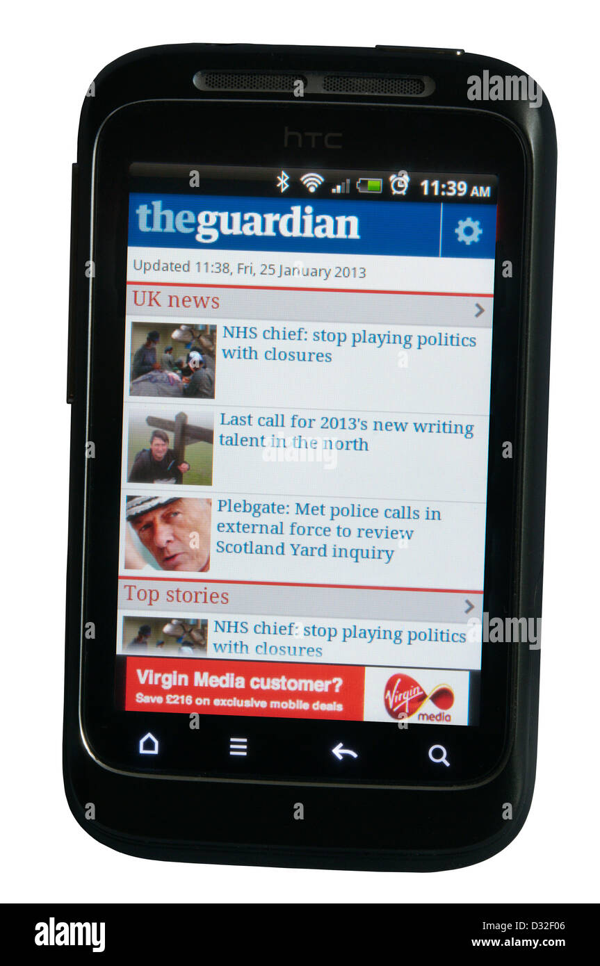 Guardian newspaper website app displayed on a mobile phone. Stock Photo