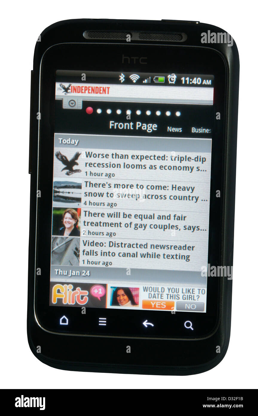 Independent newspaper website app displayed on a mobile phone. Stock Photo