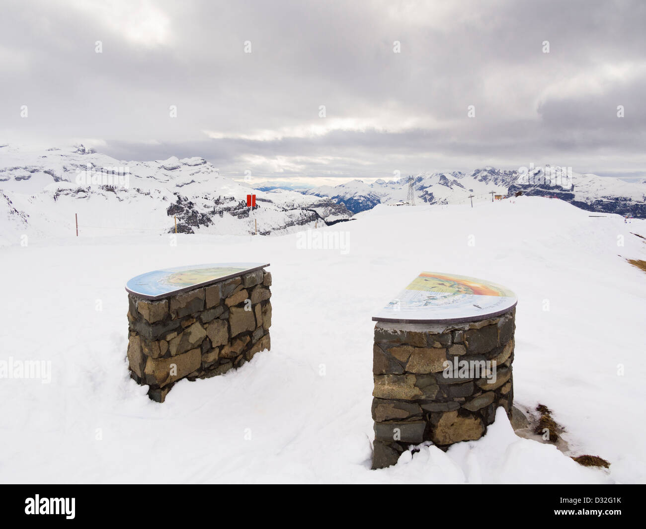 Viewpoint 'Four Seasons' plaque on Tete Des Saix in the Grand Massif ski area of French Alps above Samoëns, Rhone-Alpes, France Stock Photo