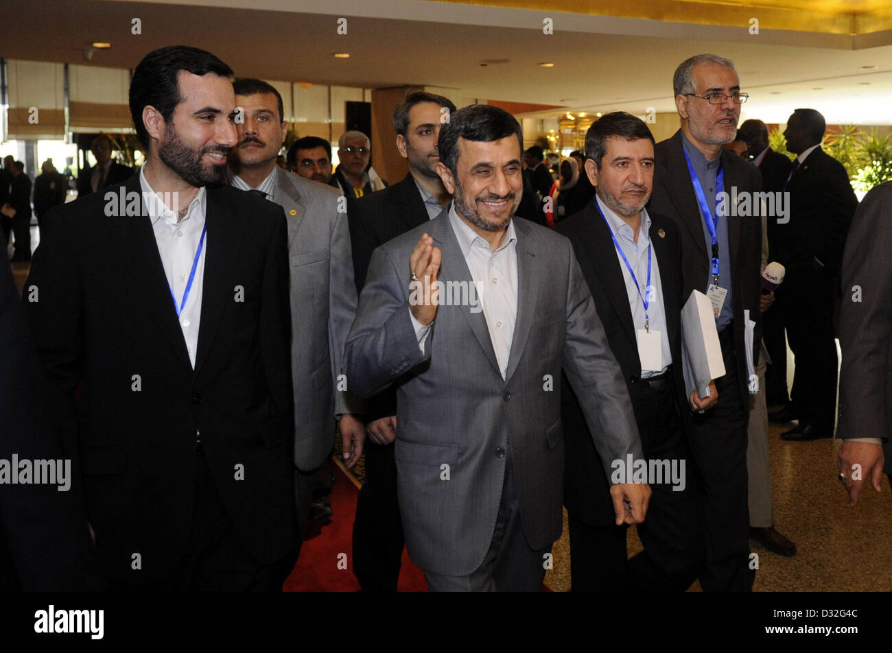 Feb. 7, 2013 - Cairo, Cairo, Egypt - Iranian President Mahmoud Ahmadinejad (C) attends the 12th summit of the Organisation of Islamic Cooperation on February 7, 2013 in Cairo. The 12th summit of the Organisation of Islamic Cooperation opened in Cairo, with Syria's civil war and the battle against Islamist militants in Mali topping the agenda. The meeting gathers the leaders of 26 of the OIC's 57 states, including the presidents of Iran and Turkey  (Credit Image: © Ahmed Asad/APA Images/ZUMAPRESS.com) Stock Photo