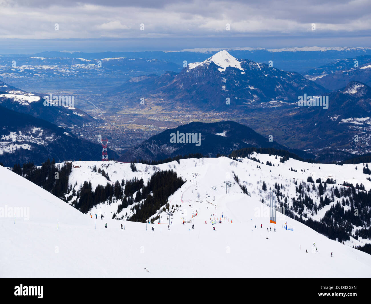 View to Vallée du Giffre valley from Tete Des Saix in Grand Massif ski area of French Alps above Samoëns, Rhone-Alpes, France Stock Photo