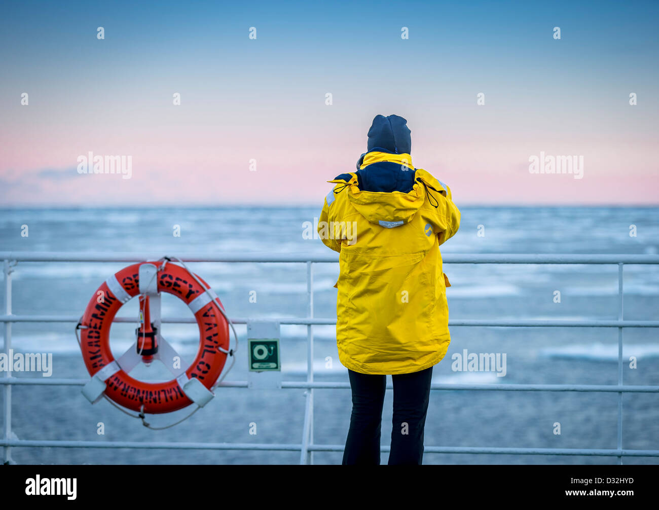 Taking a picture from the deck of the Akademik Sergey Vavilov -Russian ice breaker used as a cruise ship, Greenland Stock Photo