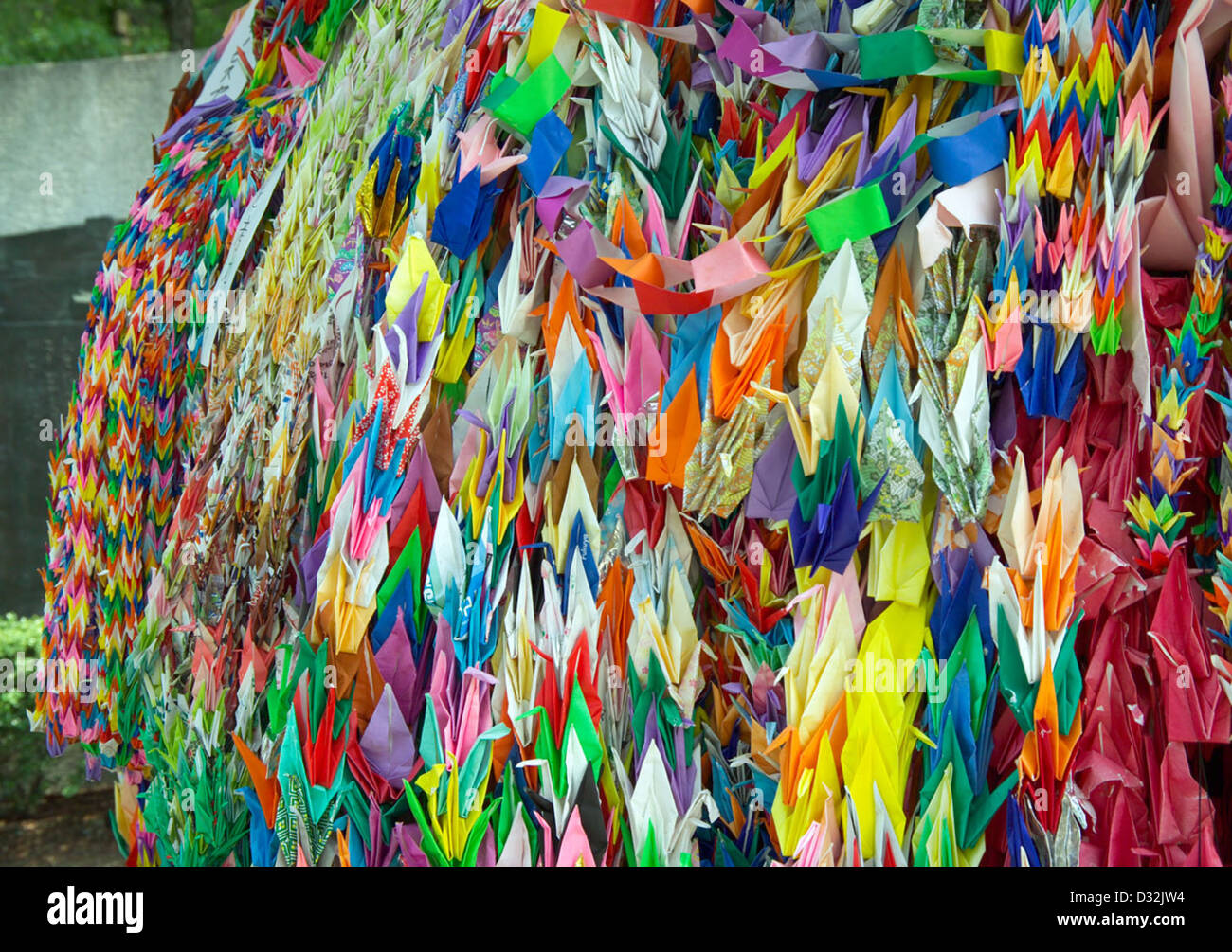 Paper cranes prayers for peace. Peace Memorial Park, Hiroshima Japan Stock Photo