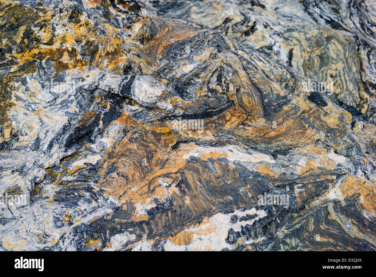 Detailed patterns in granite rock, mountains, Scoresbysund, Greenland Stock Photo