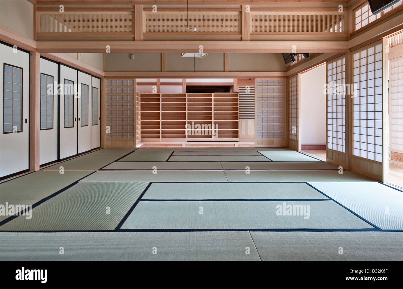 Inside Daichi-ji zen temple, Minakuchi, Japan - a contemporary version of a traditional Japanese interior, with sliding paper screens and tatami mats Stock Photo