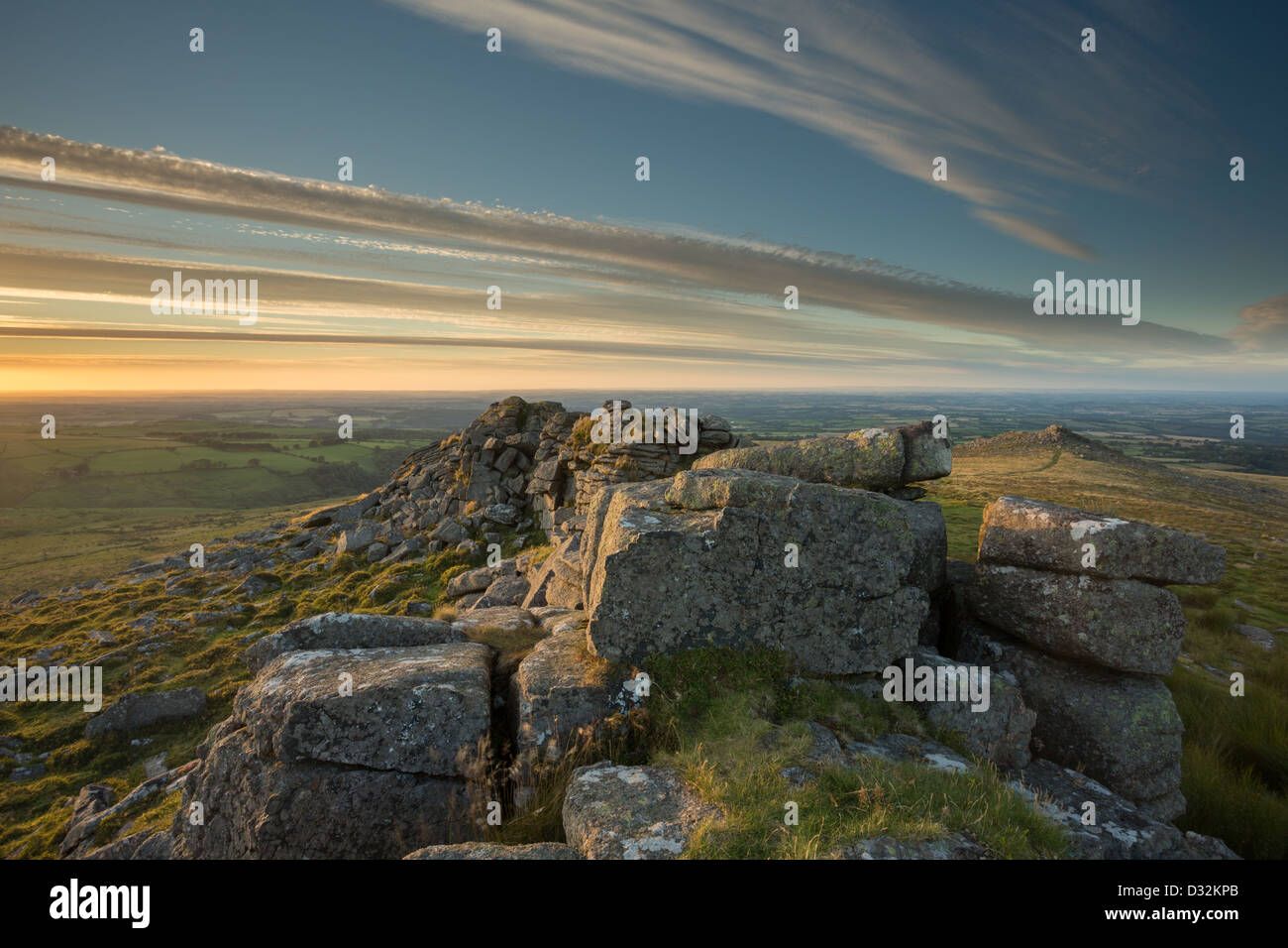 Sunset from Belstone Tor with views over th Devon countryside. Dartmoor National Park Devon Uk Stock Photo