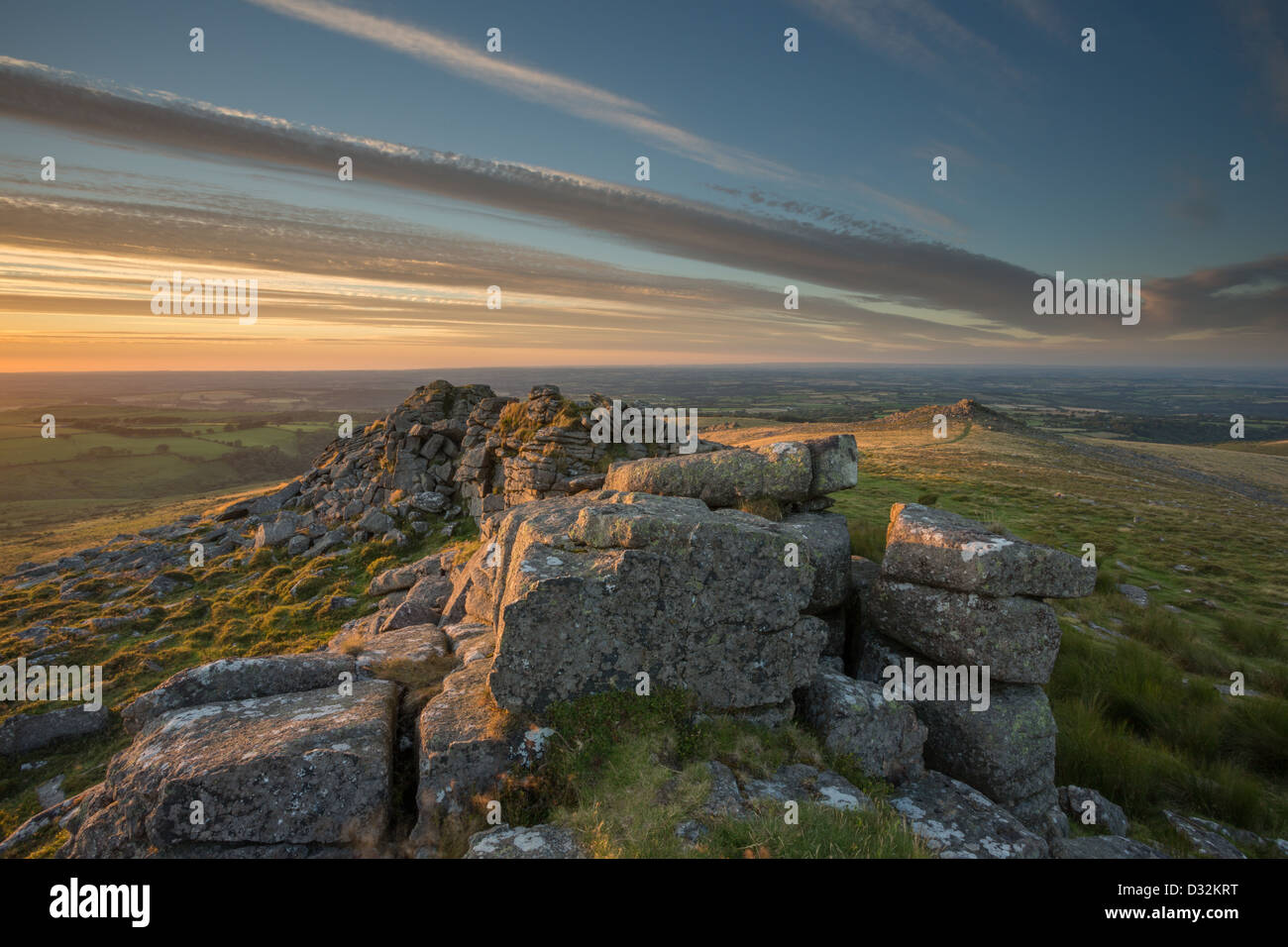 Sunset from Belstone Tor with views over th Devon countryside. Dartmoor National Park Devon Uk Stock Photo