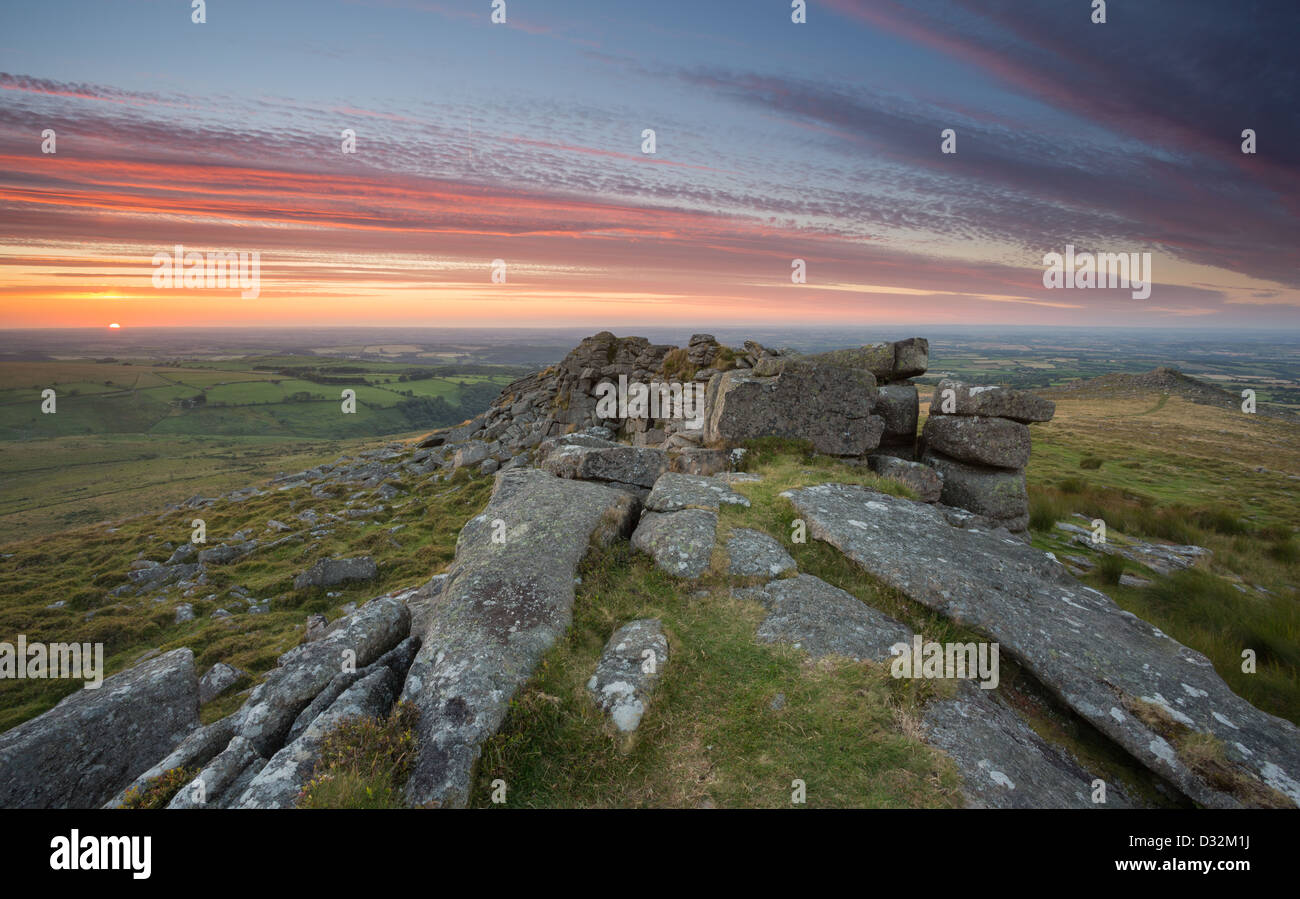 Sunset from Belstone Tor with views over th Devon countryside. Dartmoor National Park Devon Uk Stock Photo