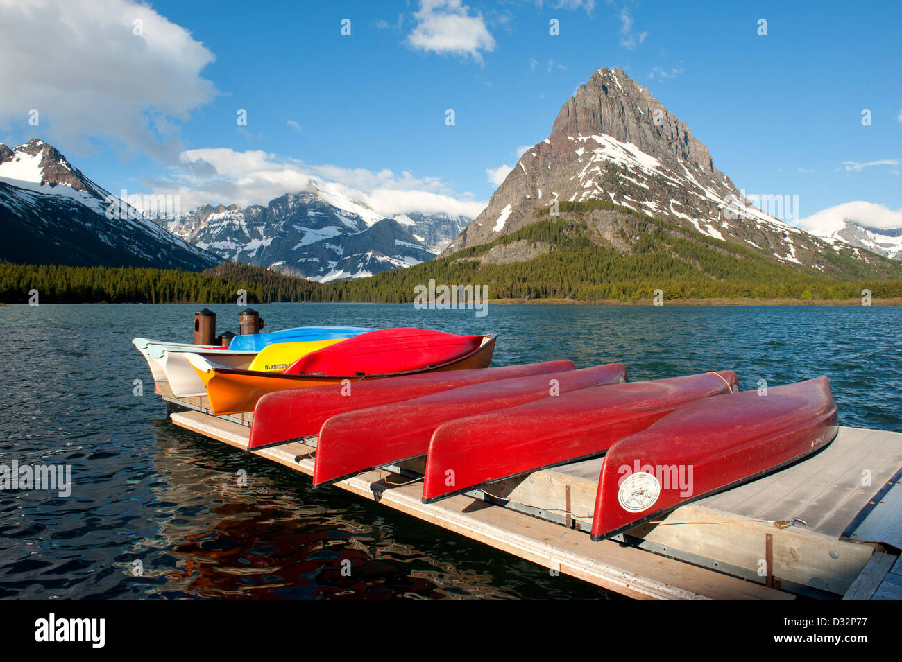 Canoes at Many Glacier Hotel, Glacier National Park, Montana Stock Photo