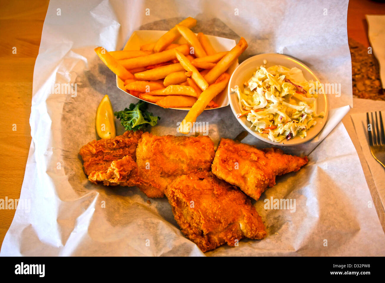 Fish and Chips with Colslaw Stock Photo