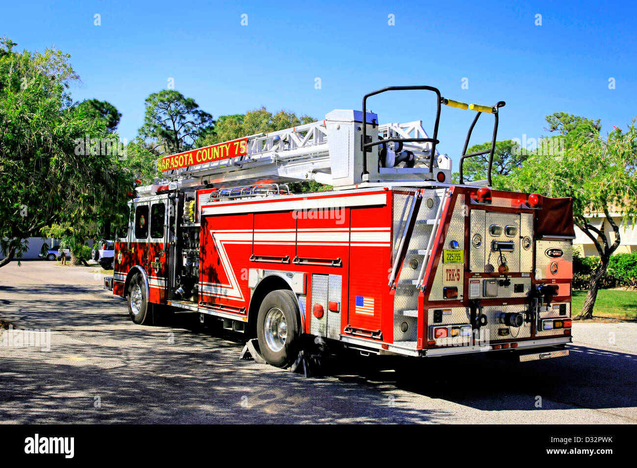 Sarasota County Fire Department truck at a call out in the city suberbs Stock Photo