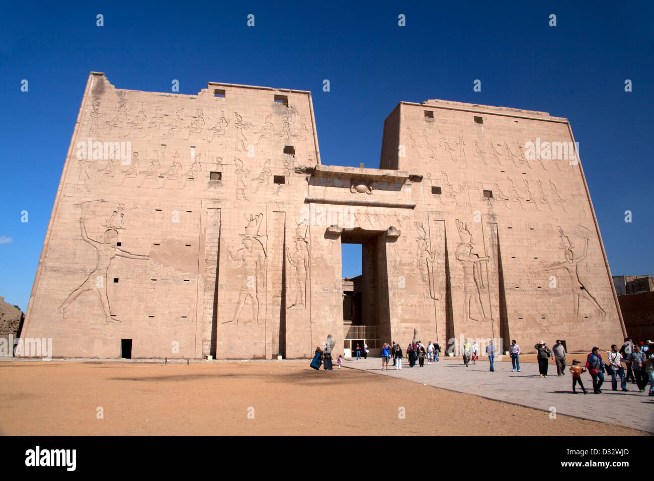 The entrance pylon to the Temple of Horus at Edfu on the River Nile in ...