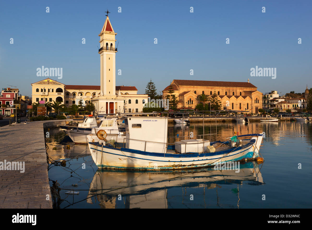 Church of St. Dionisios and harbour Stock Photo