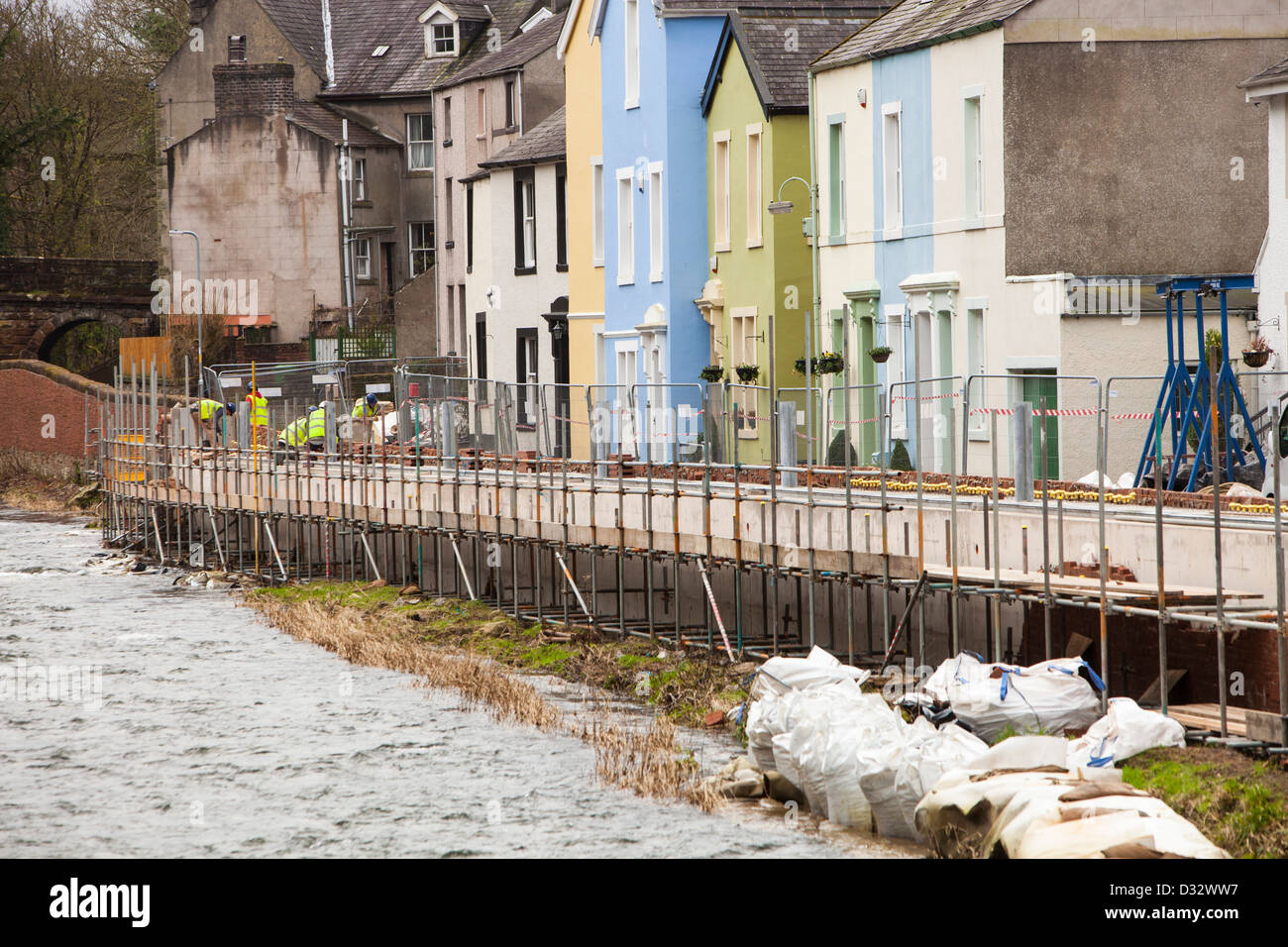 The new flood defences in Cockermouth, Cumbria, UK, being built after