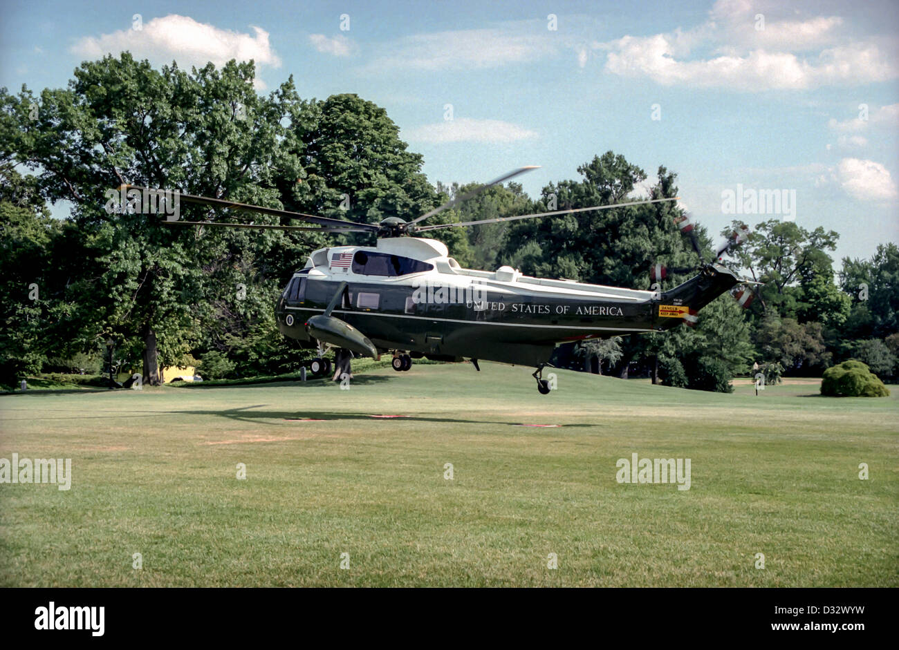 Marine One presidential helicopter lifts off from the South Lawn of the