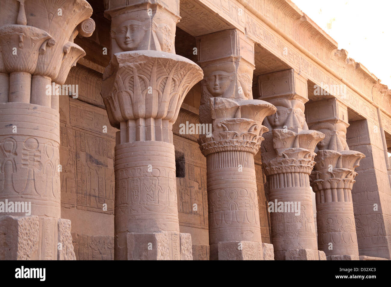 Courtyard in the Temple of Philae on the Island of Agilika by the River Nile in Egypt Stock Photo