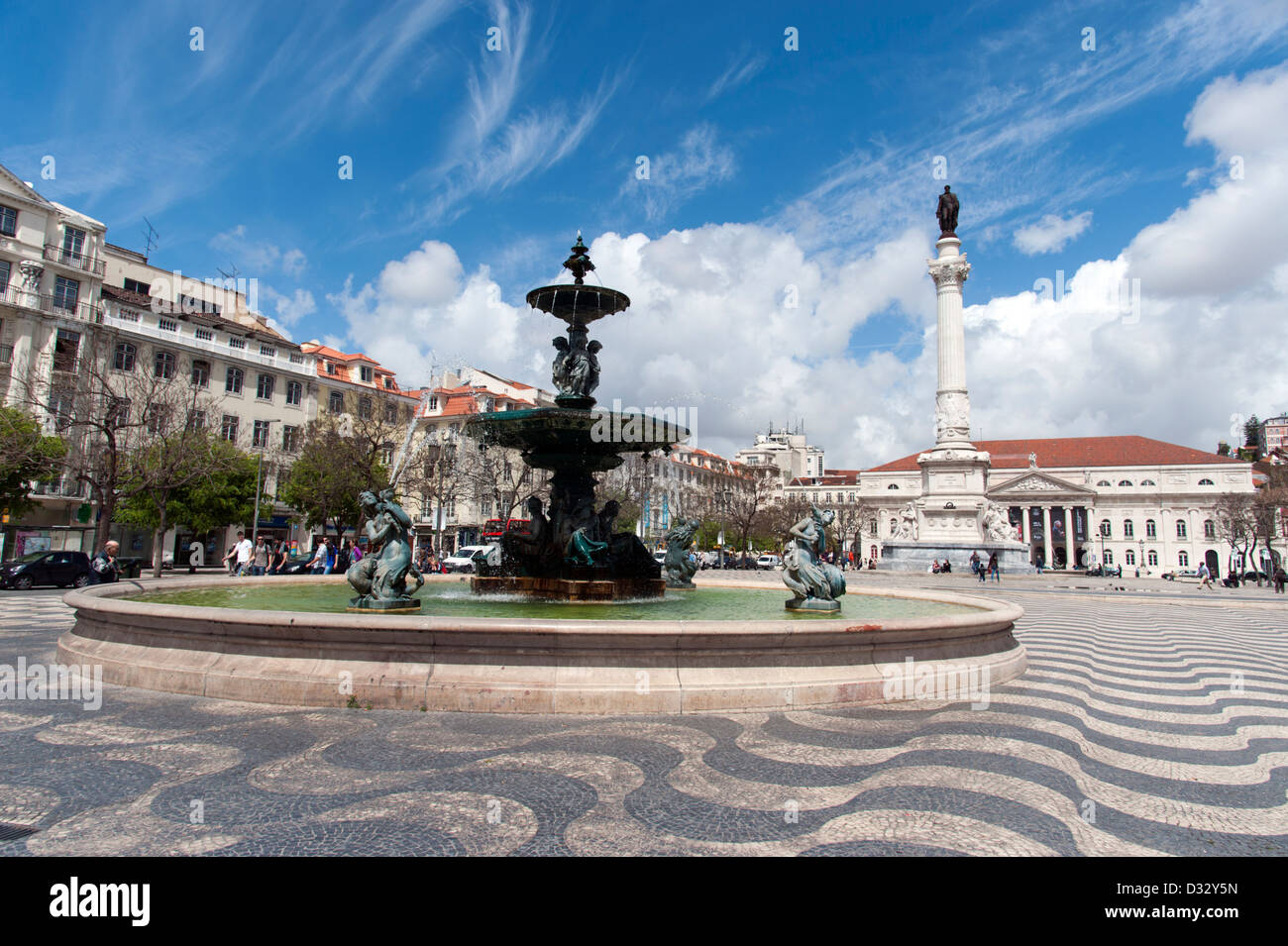 Bronze fountain on Rossio Square, Lisbon, Portugal Stock Photo