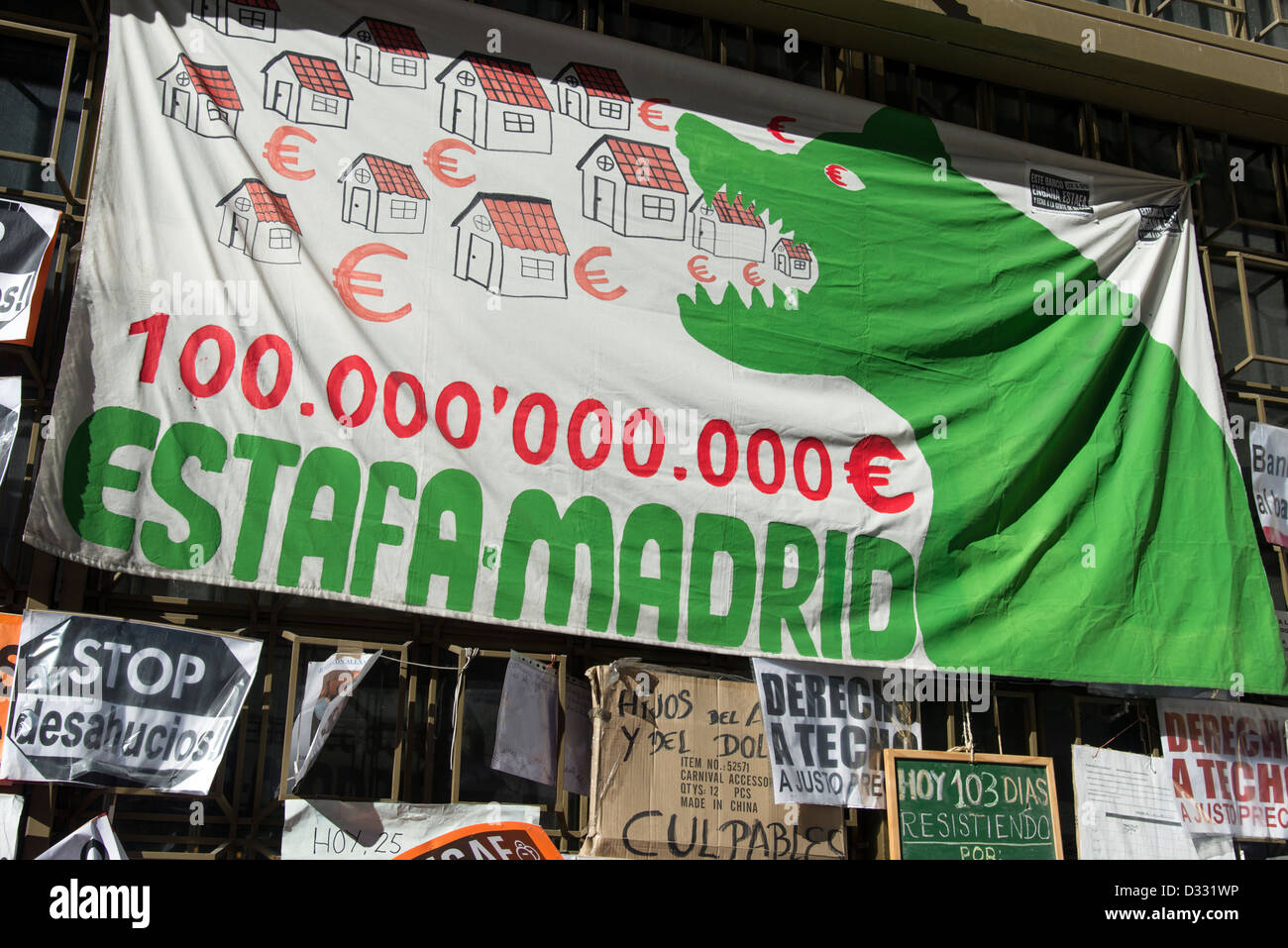 Banner outside the Bankia headquarters to protest against house repossessions, Madrid, Spain Stock Photo