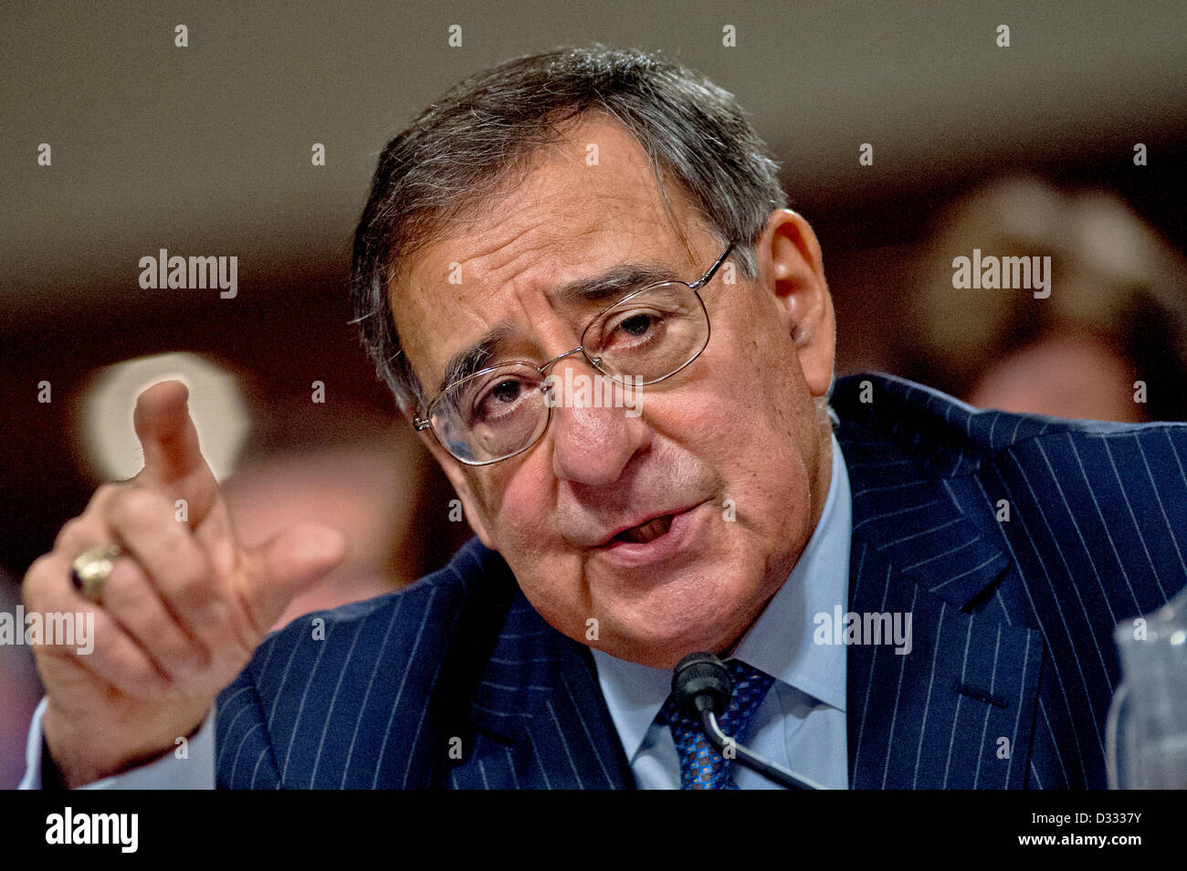 Washington DC, USA. 7th February 2013. US Defense Secretary Leon Panetta  testifies during a hearing of the Senate Armed Services Committee on the Defense Department’s response to the attack on the US Consulate in Benghazi, Libya February 7, 2013 in Washington, DC. Credit:  Planetpix / Alamy Live News Stock Photo