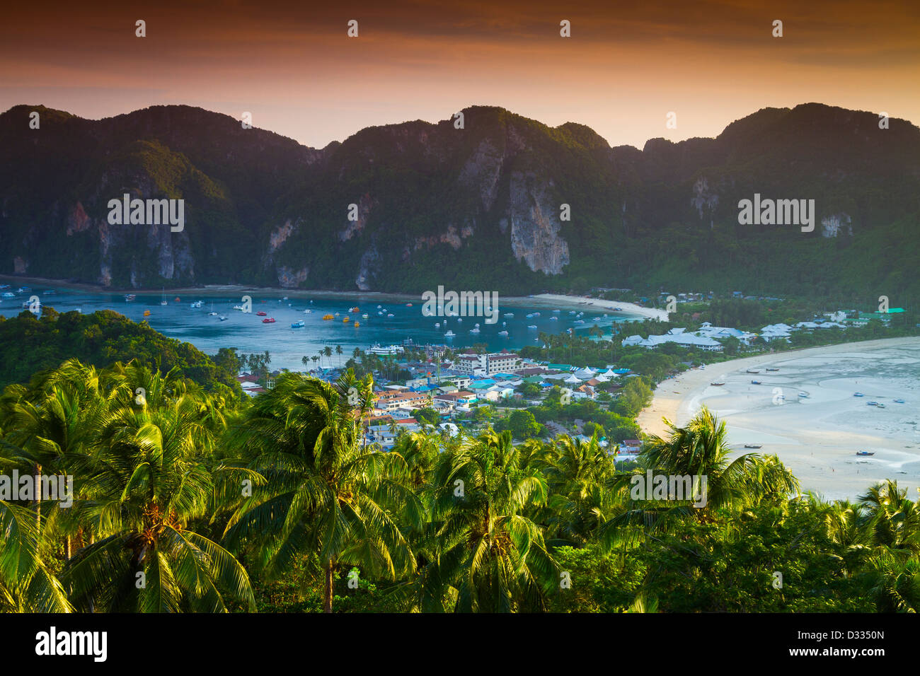 Phi Phi Don island from a viewpoint. Krabi province, Andaman Sea, Thailand. Stock Photo