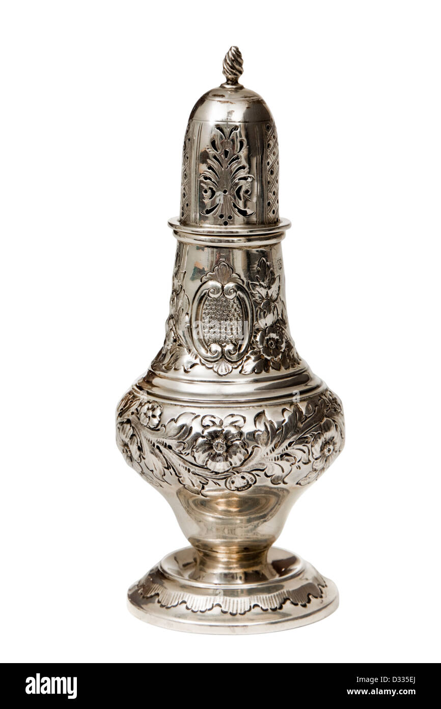 Antique Victorian solid Sterling Silver sugar shaker by George Nathan & Ridley Hayes. Hallmarked Birmingham, 1894. Stock Photo