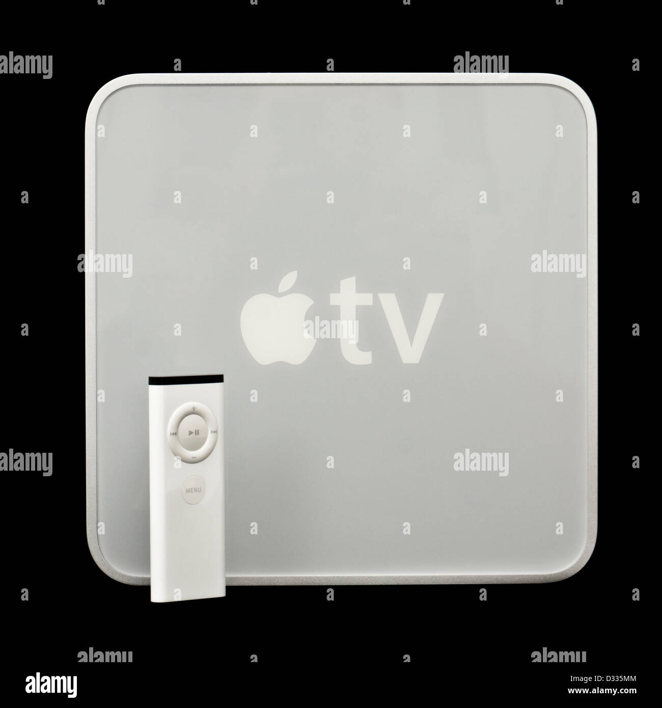 The original Apple TV digital media receiver with remote control Stock Photo