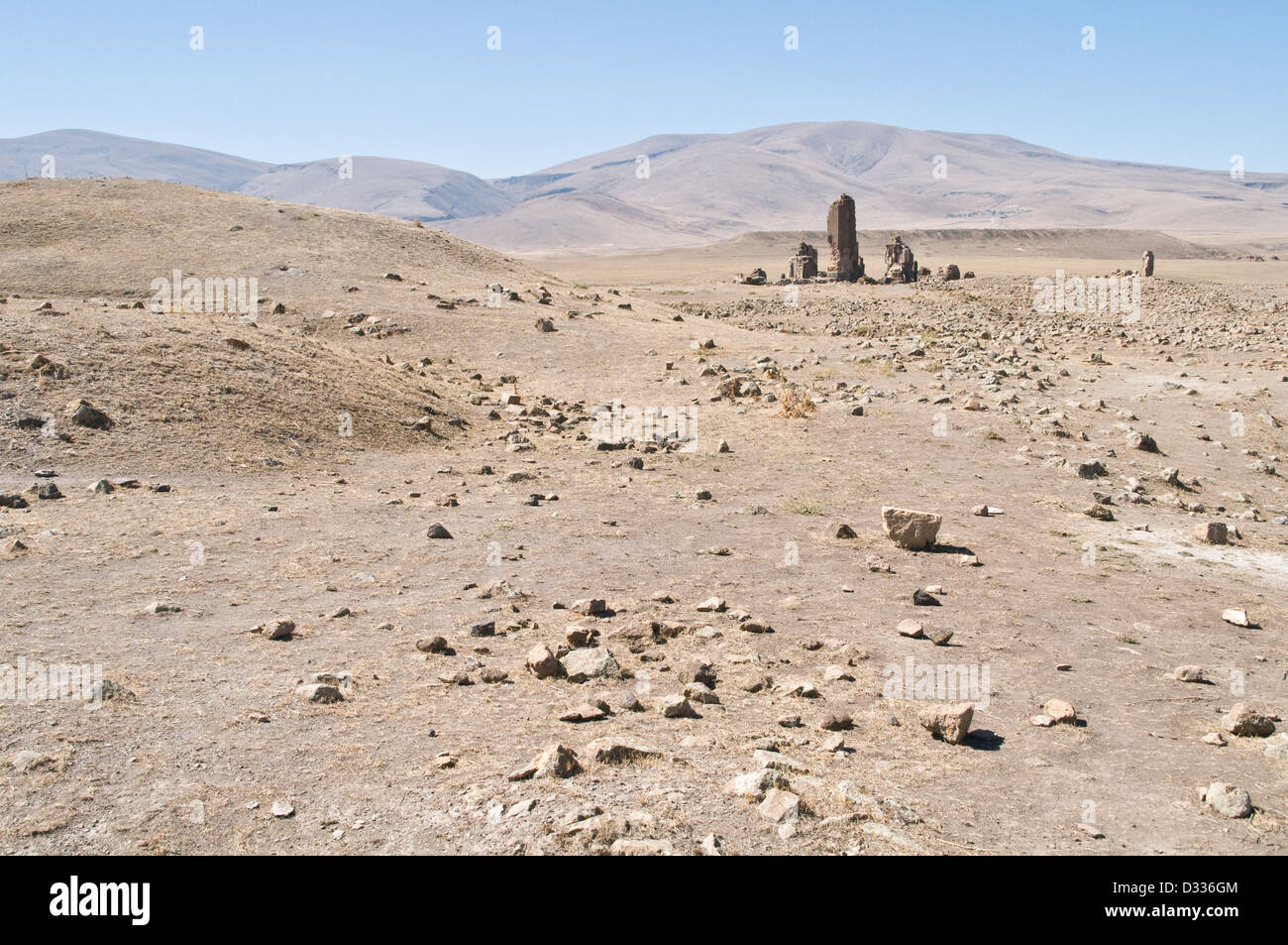 Ruins of the medieval Armenian city of Ani, located in the eastern Anatolia region of Turkey on the border with Armenia. Stock Photo