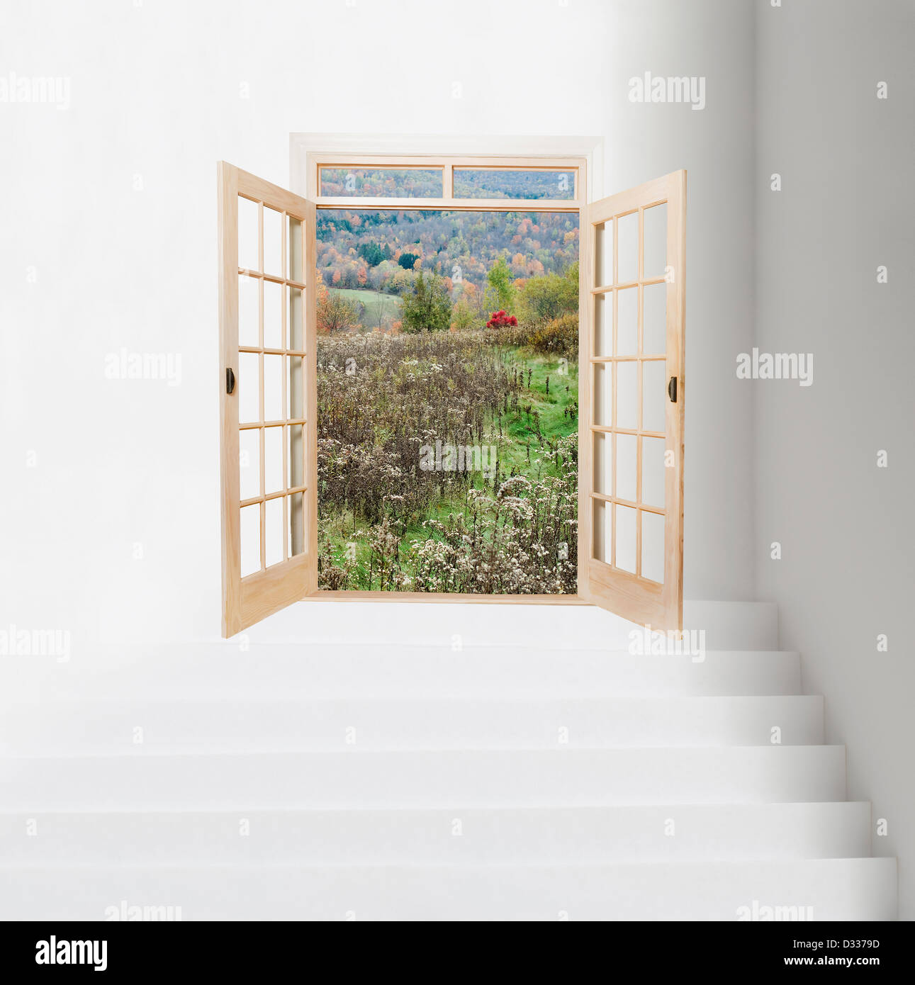 Open French Doors At Top Of White Staircase With Meadow Stock