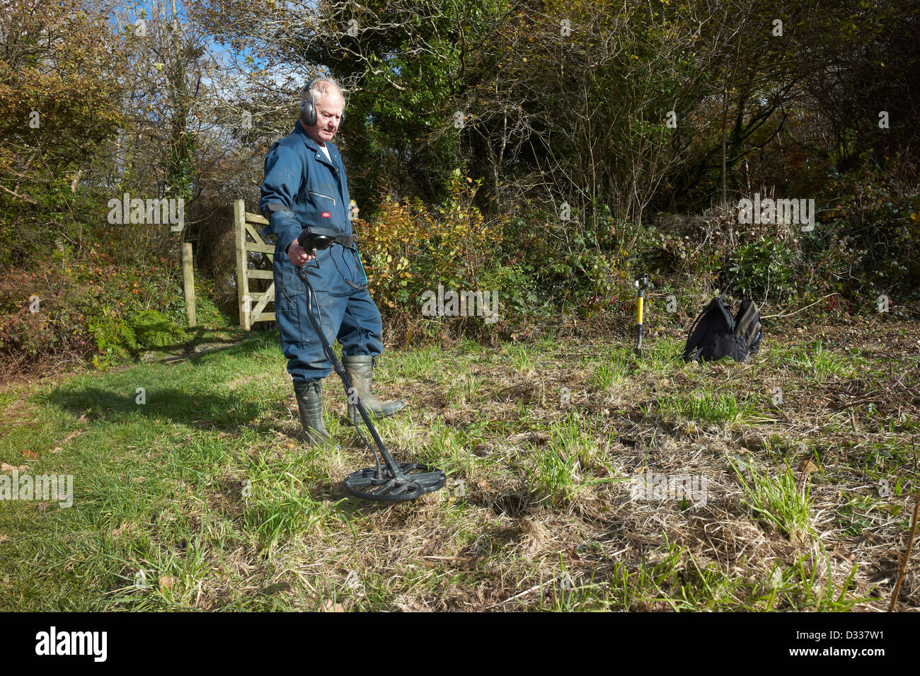 Man using a metal detector in a field near Luxulyan Cornwall Stock Photo Alamy