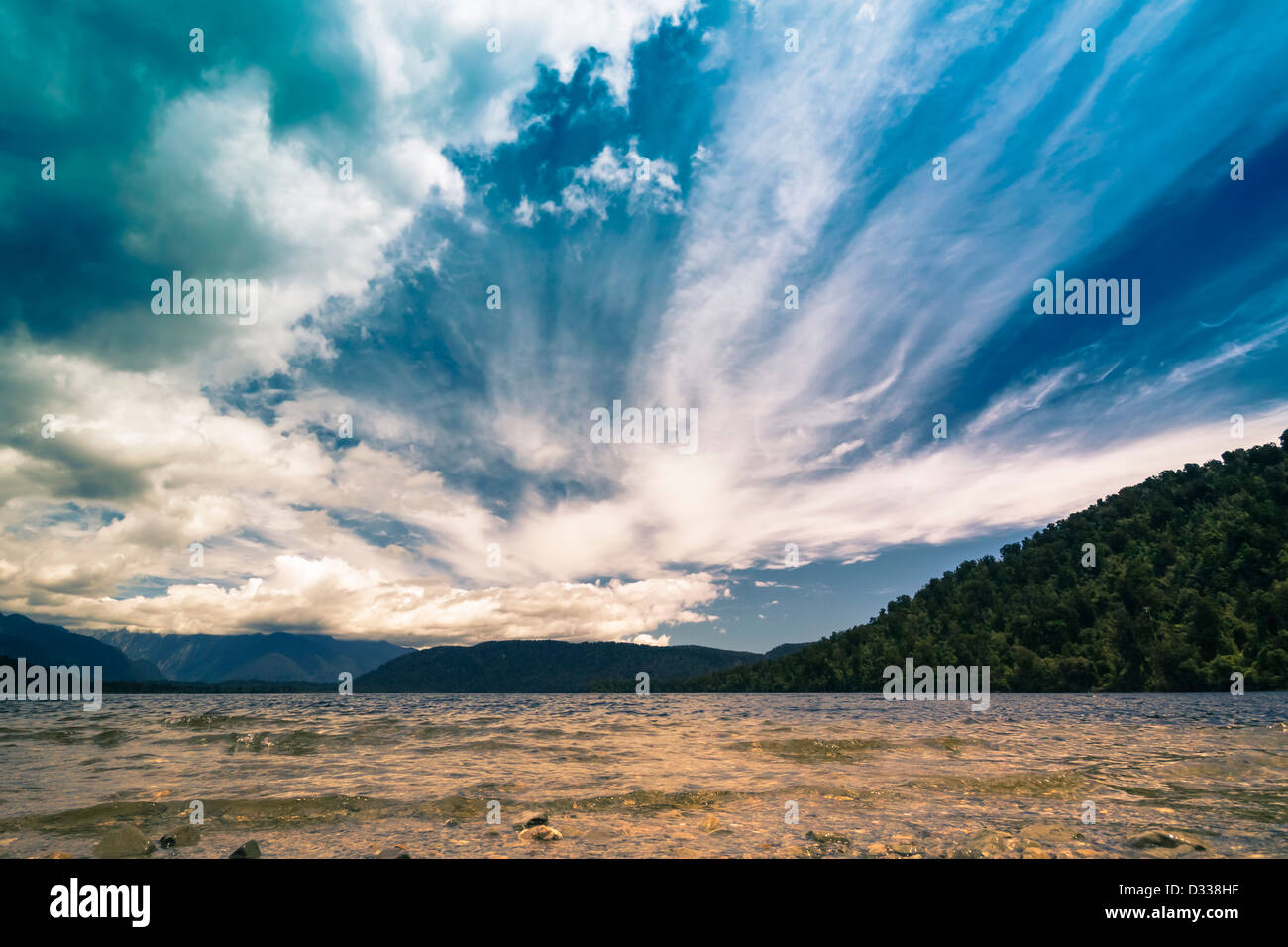 Beautiful cloudy blue sky and lake in South Island, New Zealand Stock ...