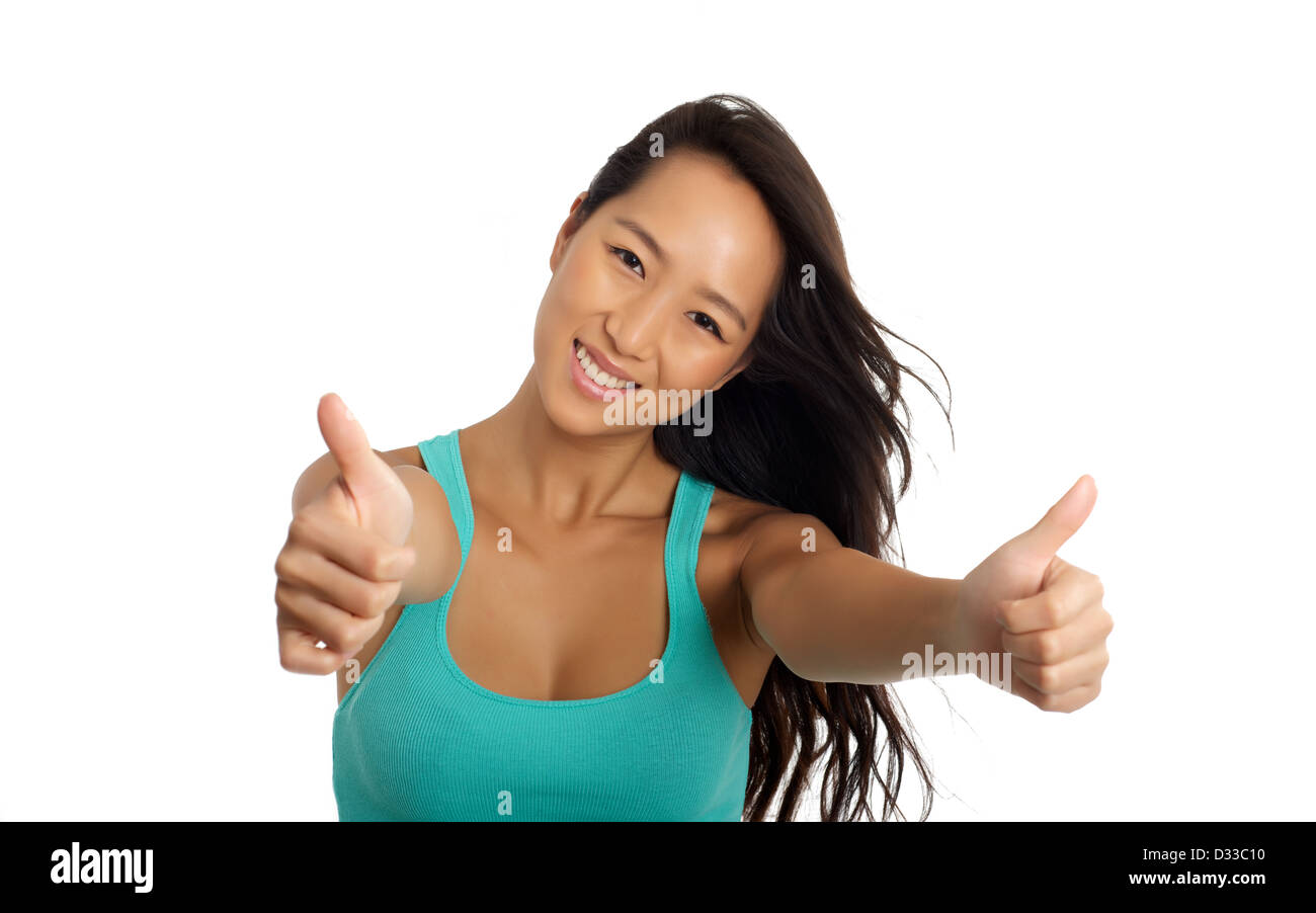 Beautiful Asian woman Cheering on white background Stock Photo