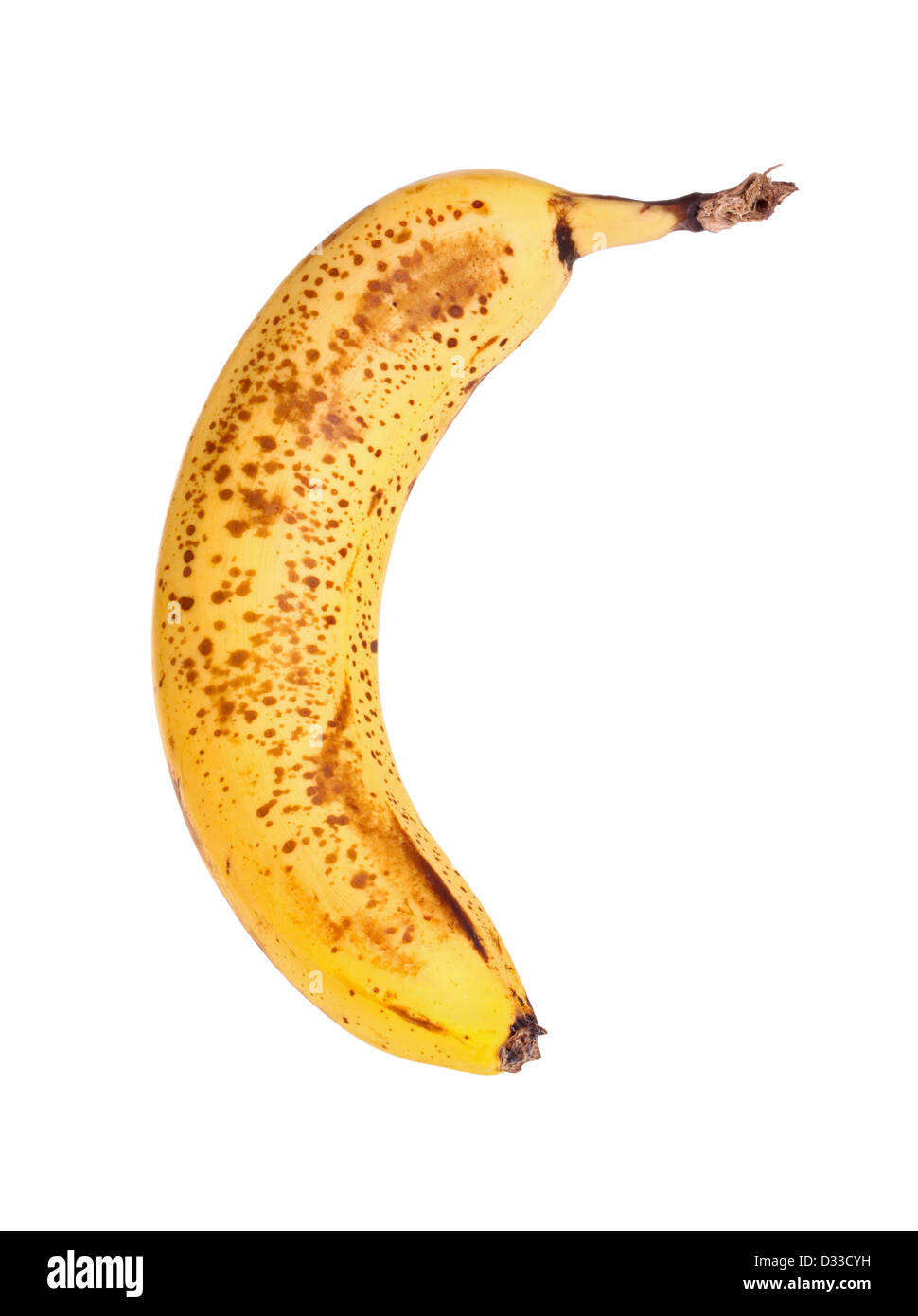 Perfectly ripe, brown-spotted banana isolated against a white background Stock Photo