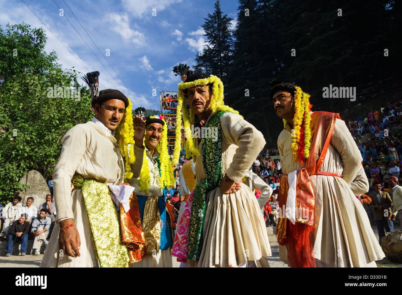Group of high caste Kshatriyas in traditional outfit at the festival of Nagar, Kullu Valley, Himachal Pradesh, India Stock Photo